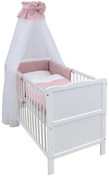 Baby-Delux Komplettbett Babybett Jack Komplettset Beißschienen Musselin, 10-tlg, Kinderbett 70x140 cm weiß, Bettset verschiedene Designs