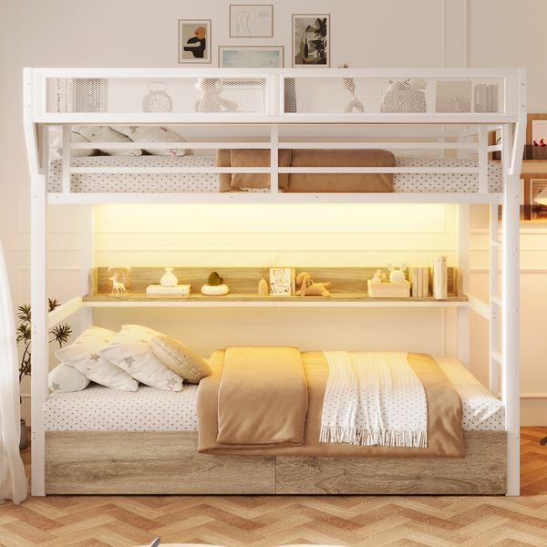 Etagenbett, 90 x 200 cm, Eisenbett, Ablagebord, Aufbewahrungskorb, 2 Eisenschubladen, LED-Licht,ohne Matratze, Weiß