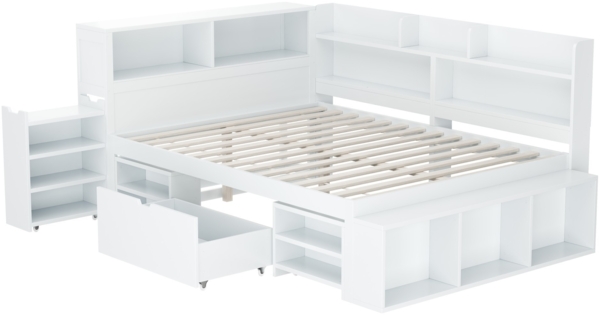 Merax Kinderbett mit Schubladen, Bücherregal & Stauschrank, mit Lattenrost, ohne Matratze, Plywood weiß, 140 x 200 cm Bild 9