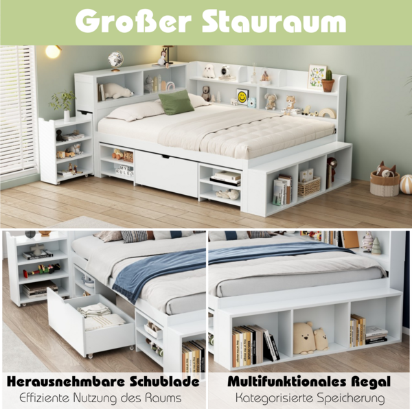 Merax Kinderbett mit Schubladen, Bücherregal & Stauschrank, mit Lattenrost, ohne Matratze, Plywood weiß, 140 x 200 cm Bild 3