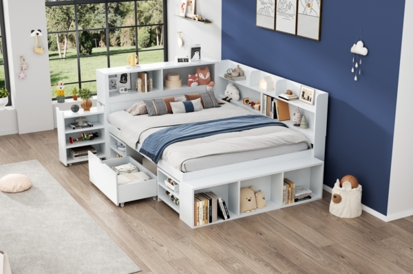 Merax Kinderbett mit Schubladen, Bücherregal & Stauschrank, mit Lattenrost, ohne Matratze, Plywood weiß, 140 x 200 cm Bild 7