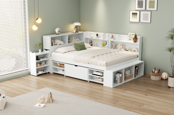 Merax Kinderbett mit Schubladen, Bücherregal & Stauschrank, mit Lattenrost, ohne Matratze, Plywood weiß, 140 x 200 cm Bild 6