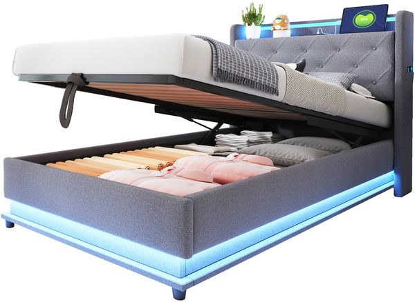 Kinderbett Polsterbett 90*200cm, Mit farbwechselnden Lichtern und USB-Steckdose, Kopfteil aufklappbar, Mit Hydraulischem Stauraum, Mit Handytasche, Multifunktionales Einzelbett, Leinenstoff Grau Bild 6