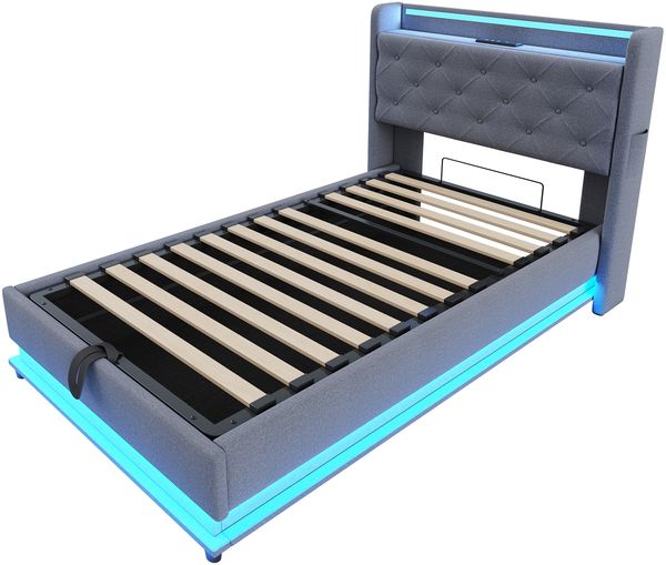 Kinderbett Polsterbett 90*200cm, Mit farbwechselnden Lichtern und USB-Steckdose, Kopfteil aufklappbar, Mit Hydraulischem Stauraum, Mit Handytasche, Multifunktionales Einzelbett, Leinenstoff Grau Bild 8
