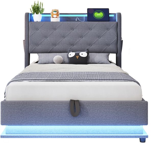 Kinderbett Polsterbett 90*200cm, Mit farbwechselnden Lichtern und USB-Steckdose, Kopfteil aufklappbar, Mit Hydraulischem Stauraum, Mit Handytasche, Multifunktionales Einzelbett, Leinenstoff Grau Bild 7