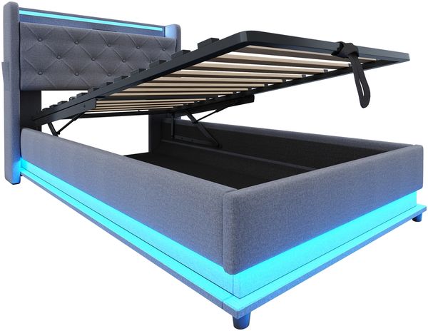 Kinderbett Polsterbett 90*200cm, Mit farbwechselnden Lichtern und USB-Steckdose, Kopfteil aufklappbar, Mit Hydraulischem Stauraum, Mit Handytasche, Multifunktionales Einzelbett, Leinenstoff Grau Bild 10