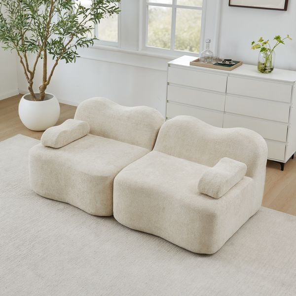 Ecksofa Beige mit tiefer Sitzfläche, Samtbezug und modularer Wellenform, rahmenloses Wohnzimmersofa,70x192x98 cm