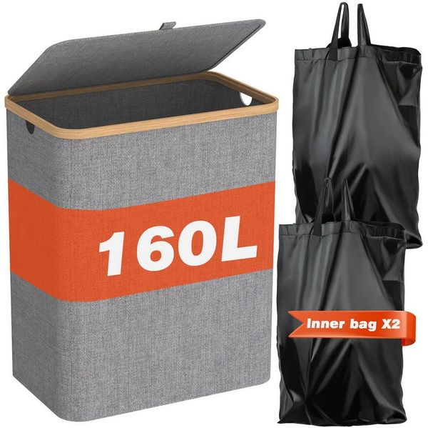 skelo Wäschekorb 160L Wäschekorb mit Deckel, Abnehmbare Wäschesack, Große Faltbare (1 St, Innentaschen + Wäschekorb), Wäschekorb für Schlafzimmer, Bad, Schlafsaal, Waschküche