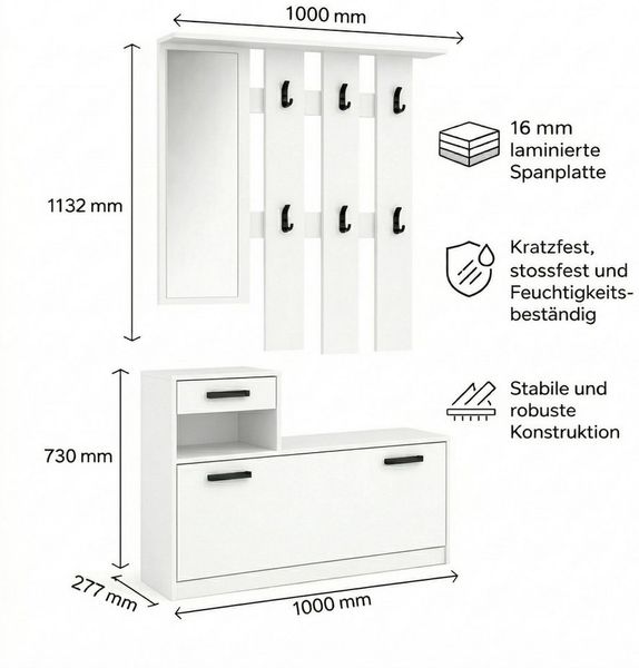 OTTO home Garderoben-Set Luna Kommode mit 1 Klappe + 1 Schubkasten, Paneel mit Spiegel 6 Haken, (2-St), Kompaktes Garderoben-Set für ein stilvolles und ordentliches Zuhause Bild 3