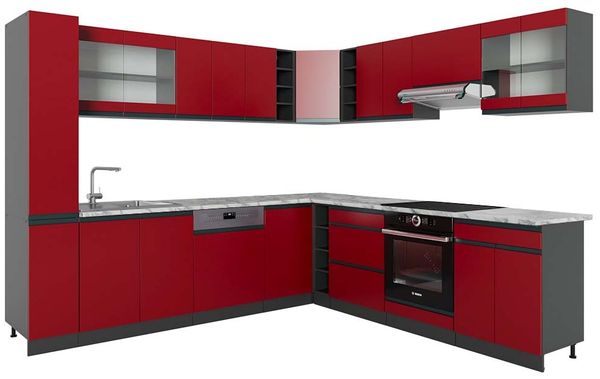Eckküche R-Line Rot/Anthrazit 277 x 60 cm J-Shape, AP Marmor Vicco