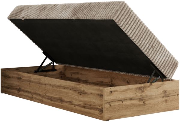 Boxspringbett, Einzelbett WOOD ZERO 90 x 200 cm, Hotelbett ohne Kopfteil, Bett mit Stauraum, 7-Zonen Multipocket-Matratze - Hellbraun Cordstoff - H3 - Topper Visco Bild 5