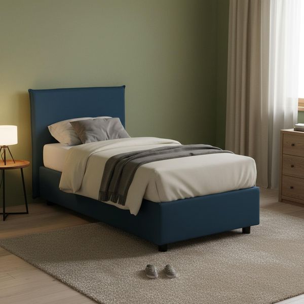 Talamo Italia - Brunella-Einzelbett, Bettkasten mit Stoffbezug, 100 % Made in Italy, Öffnung vorne, inklusive Matratze 80x190 cm, Blau