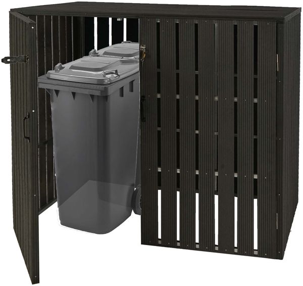 XL 2er-/4er-WPC-Mülltonnenverkleidung HWC-J28, Mülltonnenbox, Metall Holzoptik, erweiterbar ~ anthrazit