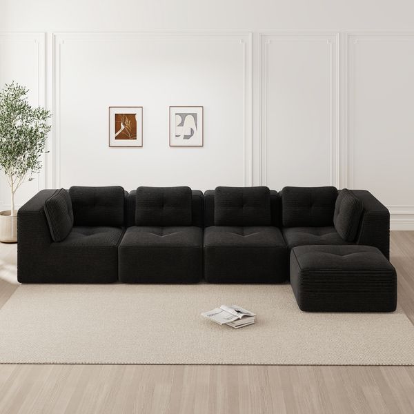Ecksofa Schwarz, modular, Cordbezug, 74 cm tiefe Sitzfläche, ohne Gestell, ohne Aufbau,69x386x177 cm