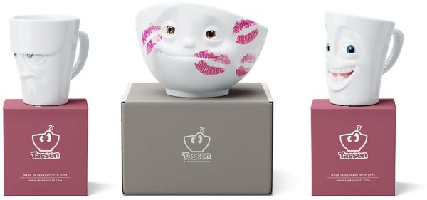 FIFTYEIGHT PRODUCTS Becher Movie-Set 3-tlg, Hartporzellan Hotelqualität, spülmaschinenfest und mikrowellengeeignet, Motive: Grummelig, Witzig und Geküsst