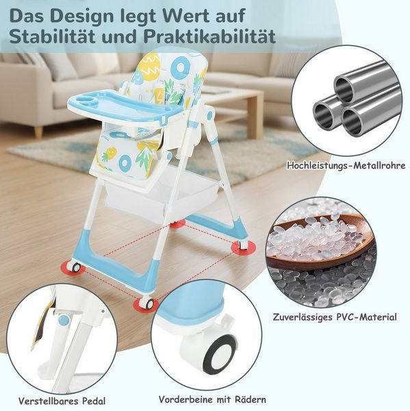 oyajia Kinderklappstuhl Kinderhochstuhl & Babyliege, extra breite Rückenlehne (mit Ablagekorb, mit 5-Punkt-Sicherheitsgurt, wasserdichtes abnehmbares Tablett), klappbar, 6 Monate bis 3 Jahre, 20kg belastbar, vier Farben