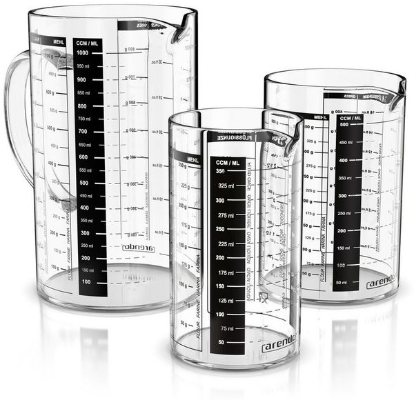 Arendo Messbecher 350ml, 500 ml & 1000 ml Glas Messkrug Set, ineinander stapelbar, Glas, (Set, 3-St, 3x Borosilikat Rührbecher: 0,35 L / 0,5 L / 1 L), Küchenbehälter 8teilige Skalierung für Mehl Zucker Gewürze Süßigkeiten