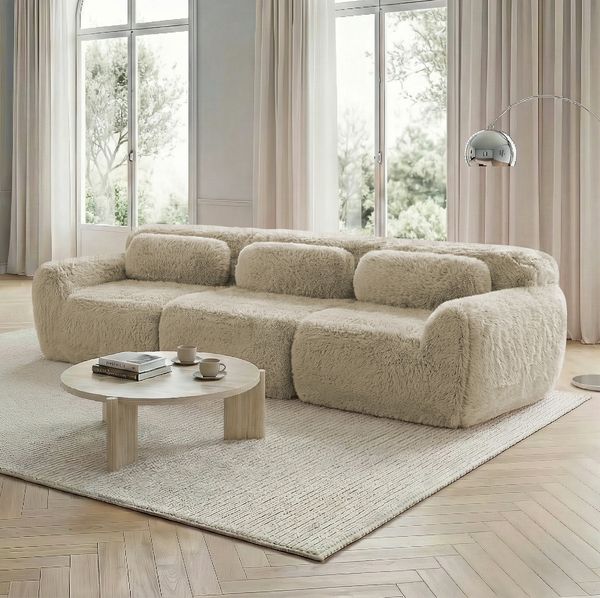 Modulares 3-Sitzer Sofa in 3 Paketen, 291×104×73 cm – hellkhaki, rahmenlos, mit Premium-Plüschstoff und rutschfester Basis