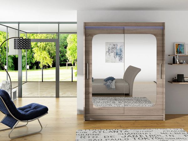 Kleiderschrank Westa XII, mit RGB LED Beleuchtung, Farbe: Trüffel / Spiegel