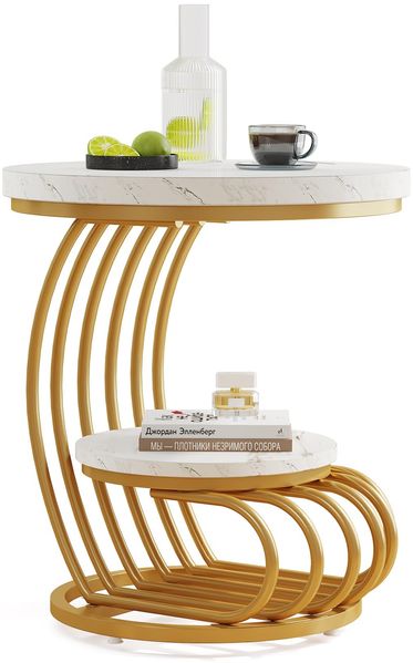 LITTLE TREE Goldfarbener runder Beistelltisch, 2-stöckiger Beistelltisch mit Ablagefach, moderner Nachttisch in Marmoroptik, Akzenttisch mit Metallgestell für Wohnzimmer und Schlafzimmer