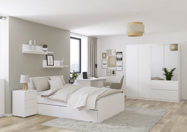 Jugendzimmer Joel 4trg Kleiderschrank Weiß – Das perfekte Kinder- und Jugendzimmer von Rauch Möbel, Made in Germany - in verschiedenen Varianten wählbar - 5 teilig , Kleiderschrank 4 türig mit Spiegel + Jugendbett 140x200cm + Nachttisch + Schreibtisch ...