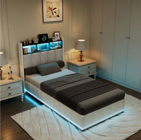 PXloue Polsterbett LED Einzelbett 90x200cm mit Ladefunktion und hydraulischem Stauraum, Geeignet für kleine Wohnungen (mit zusätzlichem Stauraum)