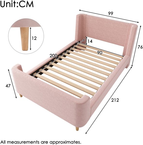 Kinderbett 90x200 Samt Schlittenbett mit Cartoon-Weltraummuster, gepolstertem Kopfteil, stabilem Lattenrost, rutschfesten Füßen,Rosa Bild 8