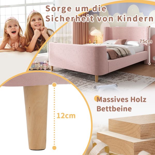 Kinderbett 90x200 Samt Schlittenbett mit Cartoon-Weltraummuster, gepolstertem Kopfteil, stabilem Lattenrost, rutschfesten Füßen,Rosa Bild 6