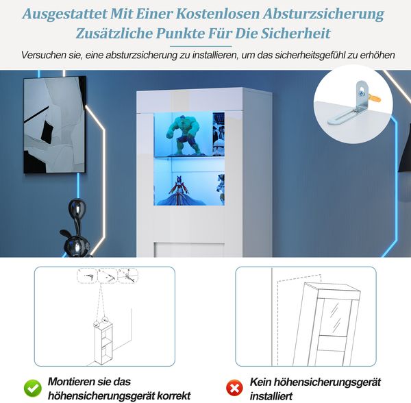 Freistehende Vitrine 60x40x170 cm Weiß mit Hochglanzfront, Einzeltürdesign, 4 Lagerbereiche, LED-Beleuchtung Bild 6