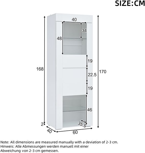Freistehende Vitrine 60x40x170 cm Weiß mit Hochglanzfront, Einzeltürdesign, 4 Lagerbereiche, LED-Beleuchtung Bild 8