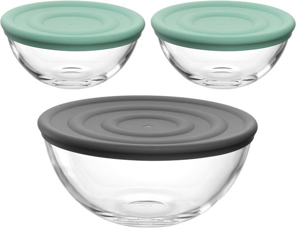 LEONARDO Schale Schalen-Set CUCINA, 6-teilig, 3 Schüsseln mit Silikondeckel, Glas, (Set, 6-tlg), spülmaschinengeeignet