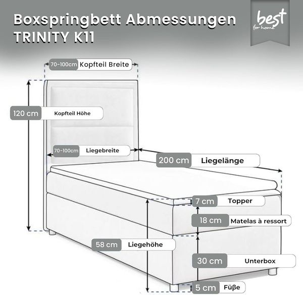 Best for Home Boxspringbett Boxspringbett Trinity K-11 SINGLE mit Bettkasten & Bonellfederkern (70x200 80x200 90x200 100x200 cm), verschiedene Liefermöglichkeiten, TOP Preis-Leistungs-Verhältnis