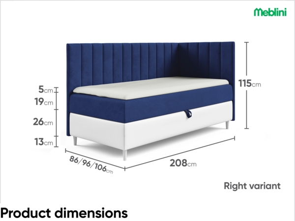MEBLINI Kinderbett mit Bettkasten MAYA 3 90x200 Rechts – H3/Blau Samt Gepolstert Einzelbett mit Matratze - Polsterbett mit Stauraum - Bett mit Kopfteil – Stauraumbett Bild 6