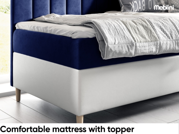 MEBLINI Kinderbett mit Bettkasten MAYA 3 90x200 Rechts – H3/Blau Samt Gepolstert Einzelbett mit Matratze - Polsterbett mit Stauraum - Bett mit Kopfteil – Stauraumbett Bild 4