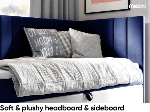MEBLINI Kinderbett mit Bettkasten MAYA 3 90x200 Rechts – H3/Blau Samt Gepolstert Einzelbett mit Matratze - Polsterbett mit Stauraum - Bett mit Kopfteil – Stauraumbett Bild 3
