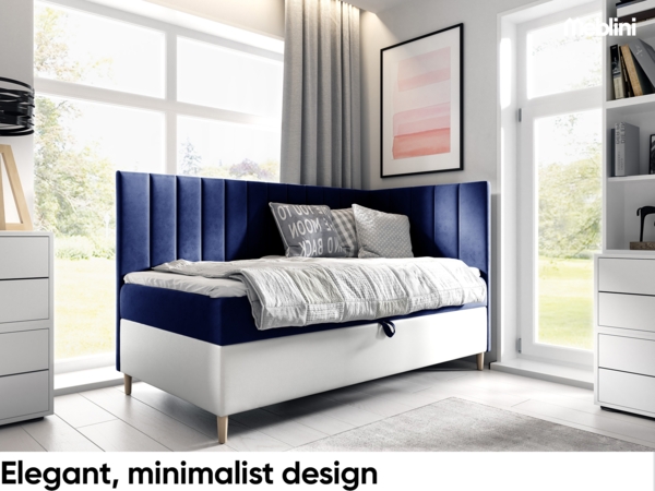 MEBLINI Kinderbett mit Bettkasten MAYA 3 90x200 Rechts – H3/Blau Samt Gepolstert Einzelbett mit Matratze - Polsterbett mit Stauraum - Bett mit Kopfteil – Stauraumbett Bild 2