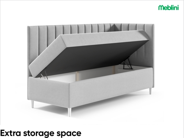 MEBLINI Kinderbett mit Bettkasten MAYA 3 90x200 Rechts – H3/Blau Samt Gepolstert Einzelbett mit Matratze - Polsterbett mit Stauraum - Bett mit Kopfteil – Stauraumbett Bild 5