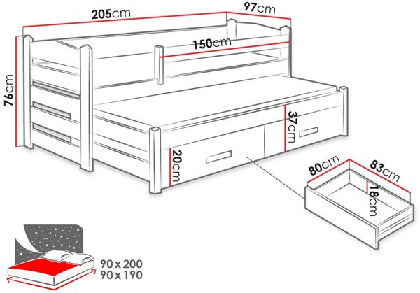 Jugendbett Tobiri II 90 (Farbe: Weiß / Artisan Eiche, Größe: 90x200) Bild 3