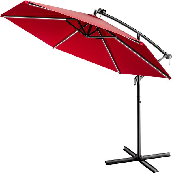 Kingsleeve Sonnenschirm 350 cm 24 LED Beleuchtung UV Schutz 30+ Solar Kurbel Neigbar Ampelschirm rot