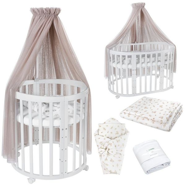 Waldin Babybett Mobiles Babybett OWAL aus Holz 7in1 mit Matratze, mitwachsend