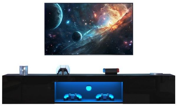 Merax Lowboard hängend mit Türen und offenes Fach, Fernsehtisch hochglanz,TV-Schrank mit LED,TV-Ständer,APP,B:160cm Bild 4