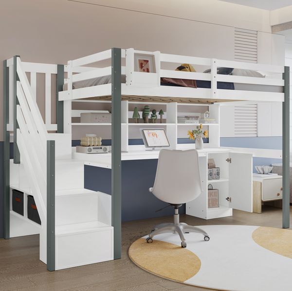 Halbhohes Bett 90x200 cm mit Schreibtisch, Regal und Stauraumtreppe – Kiefer/MDF in Weiß/Grau