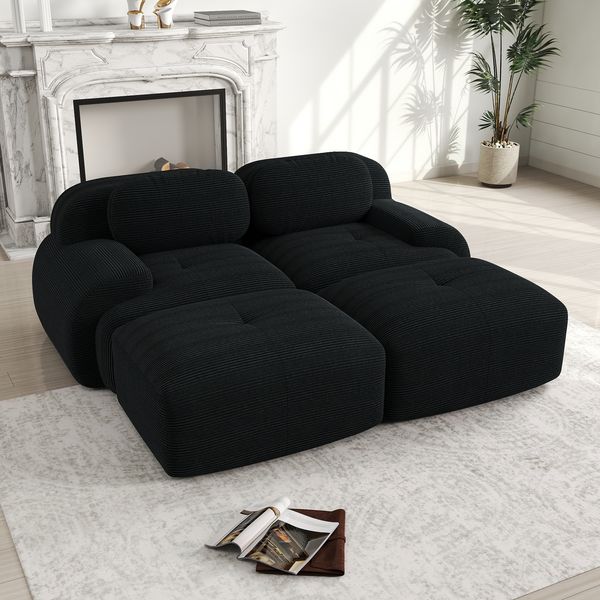 Ecksofa H 75 x T 208 x B 178 cm, modulares Cordsamt-Sofa, Schwarz, montagefrei, 3-teilig