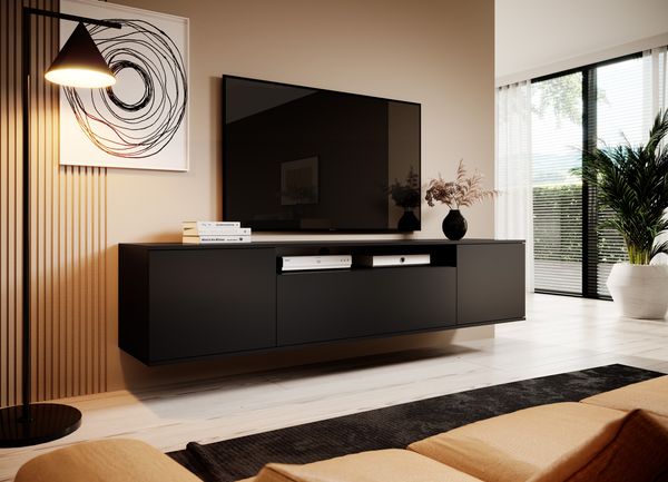 TV-Schrank 200 cm hängend, Fernsehtisch, Lowboard, Mattschwarz, Modernes Design, Masimo, 42 x 40 x 200 cm
