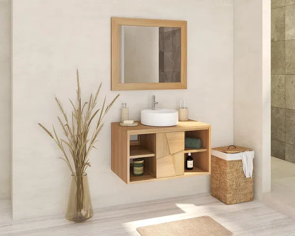 Vente-unique - SUMBAWA Waschbeckenmöbel Holz, Platte Beige - B 50 cm x H 45 cm x L 80 cm