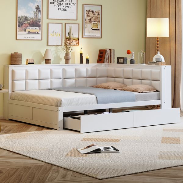Multifunktionales Schlafsofa 140x200 cm aus Kiefernholz mit Schubladen & weicher Rückenlehne,Platzsparendes Gästebett,Weiß
