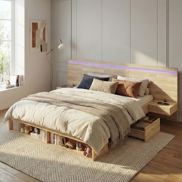 Doppelbett 180*200cm, Stauraumbett, holzbett, Jugendbett, mit USB& Type-C-Ladestation und LED-Beleuchtung, mit 2 Nachttische, mit Schubladen, Naturfarbe
