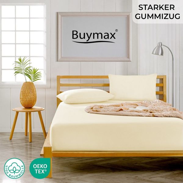 Buymax® Topper Spannbettlaken 120x200 cm Spannbetttuch 100% Baumwolle Jersey für Matratzentopper bis 12 cm Matratzenhöhe Bettlaken für Topper, Beige