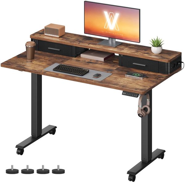 VASAGLE Höhenverstellbarer Schreibtisch elektrisch, 120x60 x (72-120) cm, stufenlos verstellbar, mit Monitorständer, Steckdosenleiste, Haken, Memory-Funktion, vintagebraun LSD182KD02