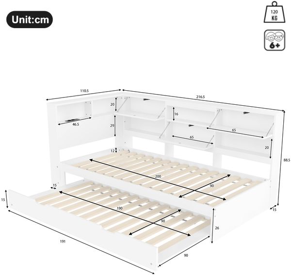 Daybett 90x200 cm mit Ausziehbett und Kopfteil mit Stauraum – Weiß, USB und Typ-C Bild 8